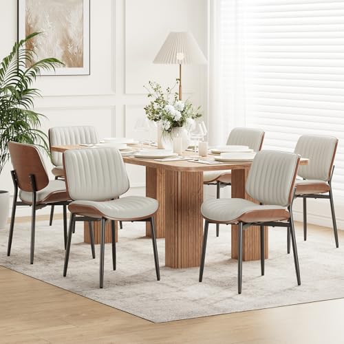COLAMY Esszimmerstuhl 6er Set, Esszimmer- und Küchenstühle, Gepolsterte Stühle im Mid-Century-Modern-Stil mit Walnuss-Bugholz und Metallbeinen,Beige