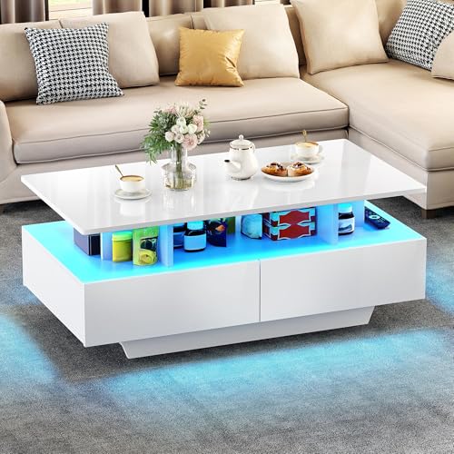 YITAHOME Couchtisch Weiß, Wohnzimmertisch Hochglanz mit 16-Farbiger LED Beleuchtung Modern, Beistelltisch Weiss mit Offenem Ausstellungsregal und 4 Ausziehbaren Schubladen 90x55x41,1 cm ﻿
