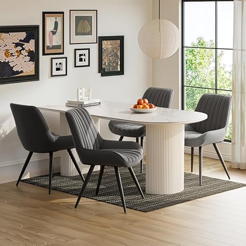 Moderner gepolsterter Esszimmerstuhl - Extra dickes Sitzkissen, Künstlicher Stoff Esszimmerstühle Küchenstuhl Polsterstuhl Wohnzimmerstuhl Sessel mit Rückenlehne, Metallbeine (Dunkelgrau, 4er Set)