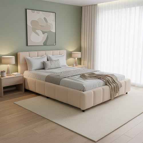 Juskys Polsterbett Florenz 140 x 200 cm – Bouclé, modernes Bett mit Kopf- & Fußteil, stabilem Holz- & Metallrahmen, Lattenrost, 500 kg Tragkraft – Beige