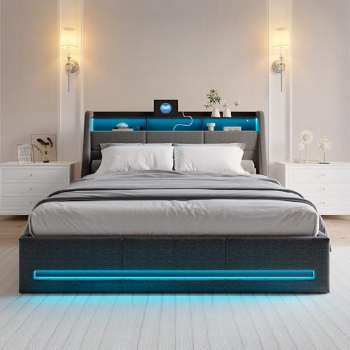 BRYXR Polsterbett 140x200 cm mit LED-Kopfteil, Doppelbett mit USB und Lattenrost, Hydraulischem Stauraum und Metallrahmen, Jugendbett, Leinenstoff Grau (Ohne Matratze)