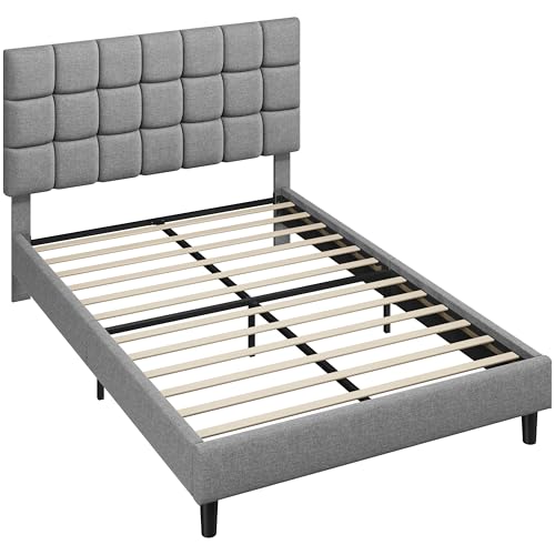Yaheetech Polsterbett 140 x 200 cm Doppelbett mit Höhenverstellbarem Kopfteil, Stabiler Bettrahmen Stoffbett mit Lattenrost, Gepolstertes Bettgestell Bett, Hellgrau
