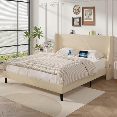 VECELO Polsterbett 140x200 cm mit USB & Type-C Anschlüssen, Doppelbett mit Kopfteil und 2 Seitentaschen, Bett Bettrahmen Bettgestell mit Lattenrost, Jugendbett, Leinen, Ohne Matratze, Beige