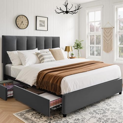 VECELO Polsterbett 140 x 200 cm Doppelbett mit 4 Stauraum Schubladen und Höhenverstellbarem Kopfteil, Gepolstertes Bettgestell mit Lattenrost und Stauraum, Samt, Ohne Matratze, Grau