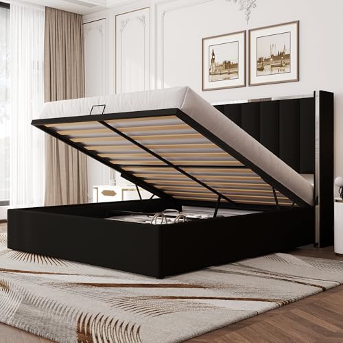 LUXOAK Bett mit stauraum 140x200, 115 cm hohes Kopfteil, Stauraum, Liftfunktion & Chrom-Design, Massivholzrahmen – Samt,Schwarz