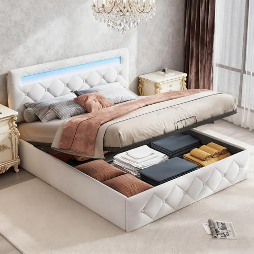 BRYXR Bett 140x200, Polsterbett Doppelbett mit LED, Hydraulisch Stauraumbett mit Lattenrost, Verstellbare Kopfteil, Funktionsbett, Jugendbett, Ohne Matratze, Beige Samt