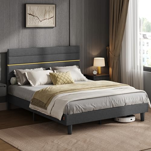 VASAGLE Polsterbett, Bettgestell, Doppelbettgestell, passend für 160 x 200 cm Matratze, verstellbares gepolstertes Kopfteil, Bettrahmen, Metall, Massivholz, modern, schiefergrau RMB505G01
